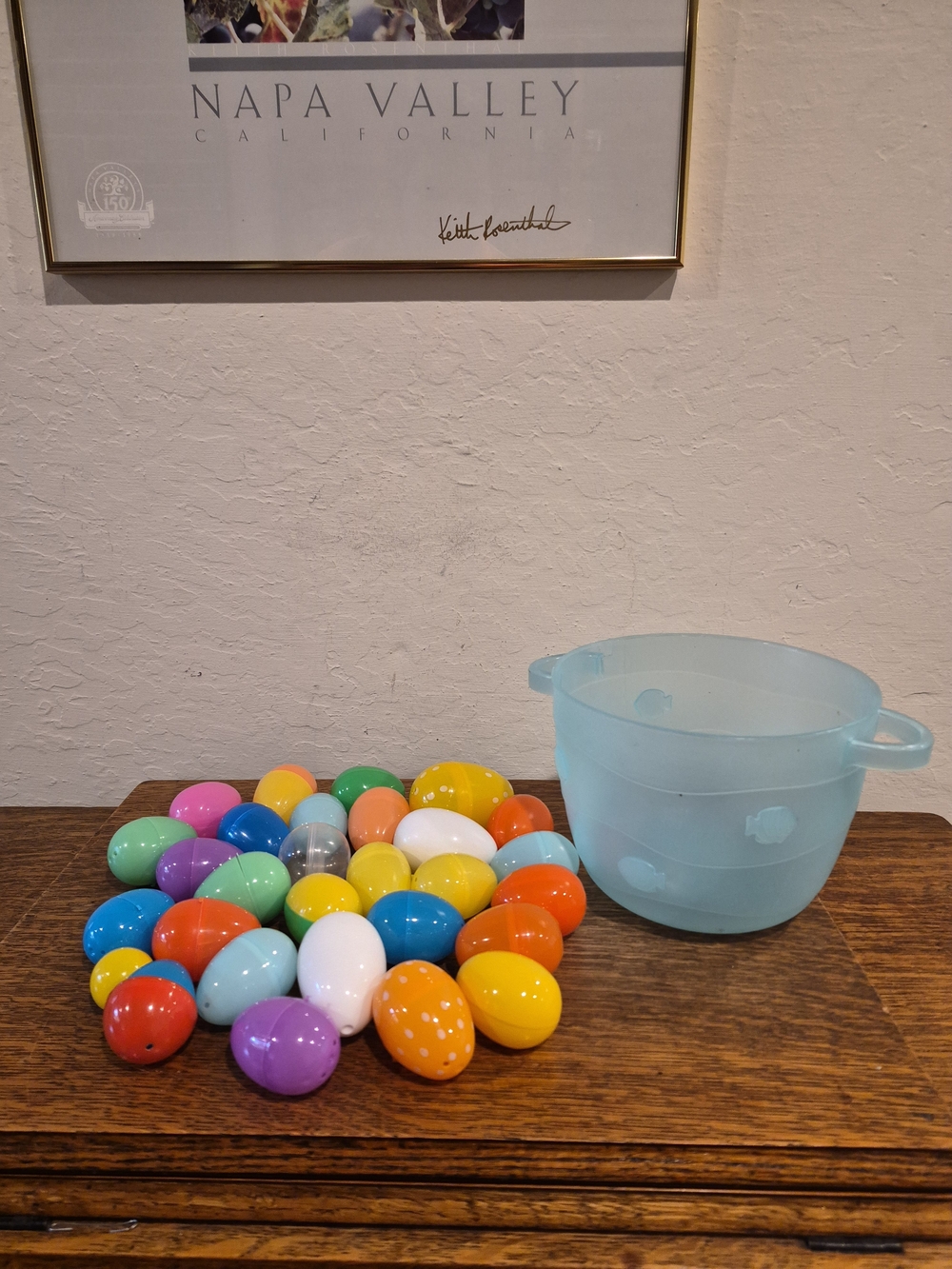 Pastel Blue Plastic Easter Bucket with Assorted Plastic Eggs